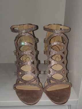 Women's Rhinestone Strappy Heeled Sandals - Gold